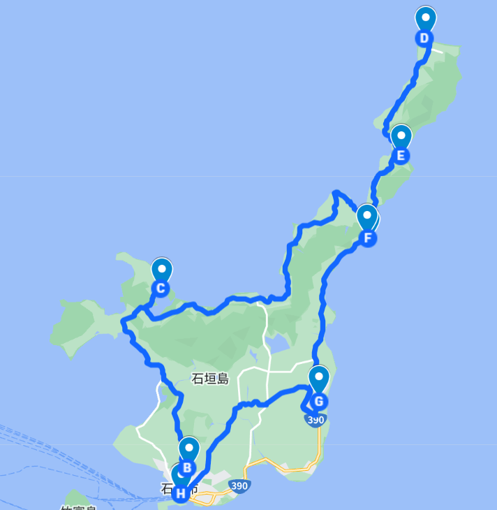 石垣島を車で1周したときのコースマップ